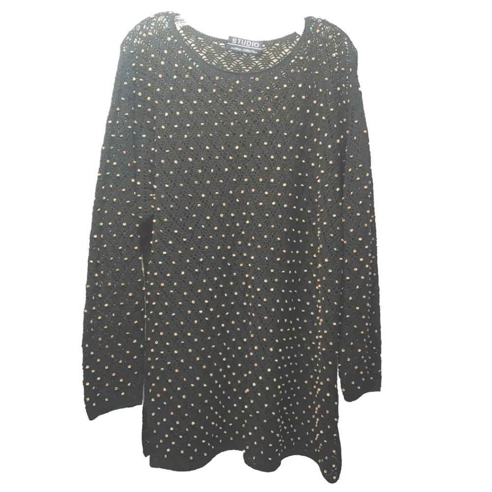 Vtg Studio Marisa Christina Sweater Wooden Beads Black Open Knit Woman XL